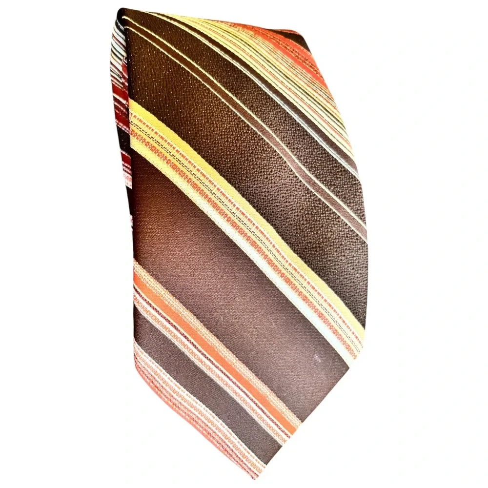 Vintage Wemlon By Wembley Brown‎ Orange Striped Polyester Necktie Retro 70s